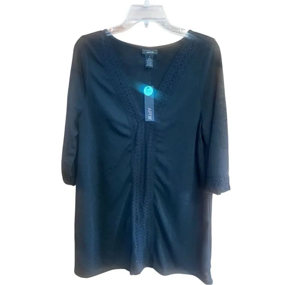 APT 9 Cover Up Swim  embroidered trim Top Black Sz  L NWT